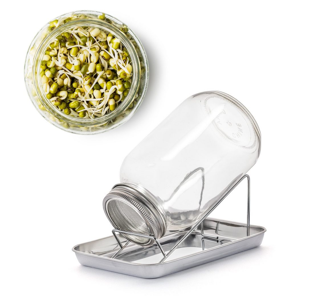 BigDean Anzuchttopf Sprossenglas Keimglas 1000ml mit Edelstahl-Gitterdeckel + Ständer