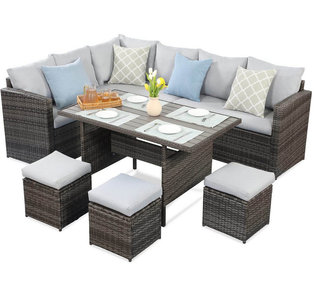 MeXo Loungeset Sitzecke Garten 8 Personen wetterfest Rattan Ecklounge mit Esstisch